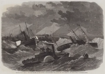 Der Bürgerkrieg in Amerika, der Vorposten führt die Schiffe der Burnside-Expedition über die Hatteras-Bar